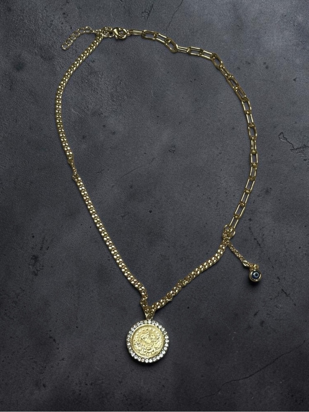 Gold-Tone Coin Pendant Necklace with Blue Evil Eye